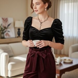 And Now This Black Velvet Half Length Puff‑Sleeve Sweetheart Top – Size Medium